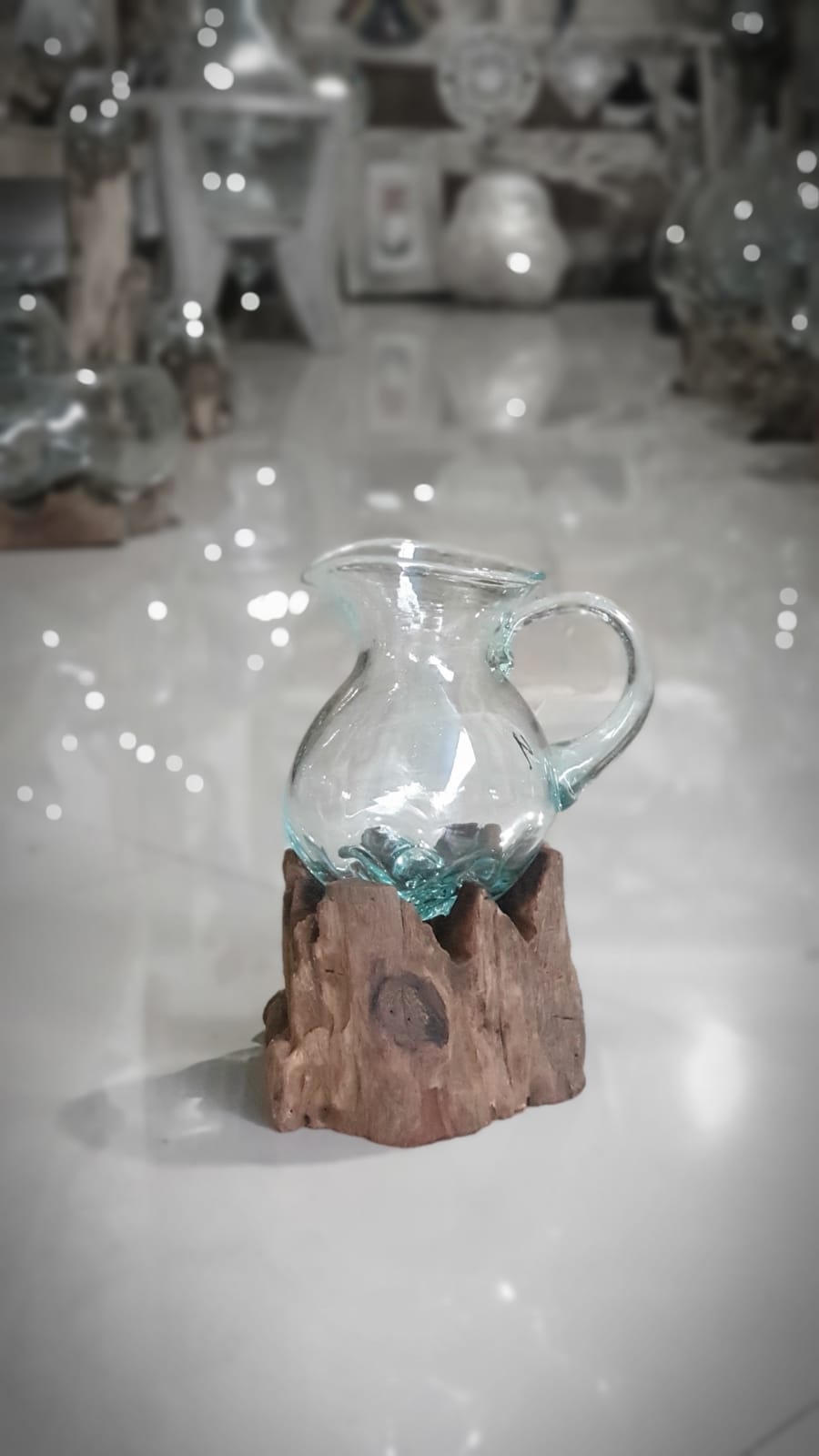 Glass Pitcher on Teak Base